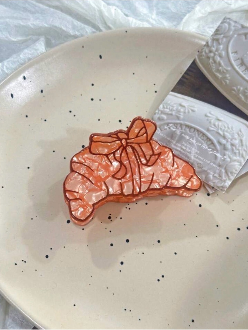 Pearlescent Orange Croissant Hair Clip with Bow